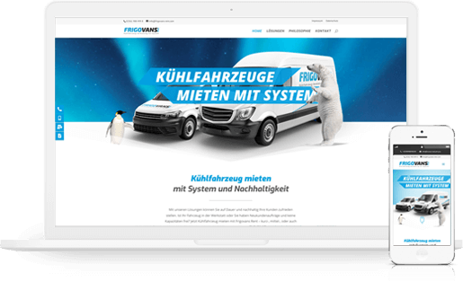 mediadesign linke webdesign - Ansicht der responsiven Webseite für Frigovans Rent - Kühlfahrzeuge nach Maß