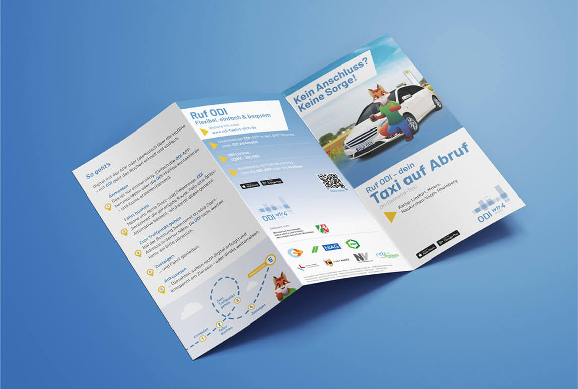 mediadesign linke portfolio - ODI wir4 mobil On-Demand-Lösung am Niederrhein für mehr Flexibilität und Mobilität im ÖPNV - Flyer 