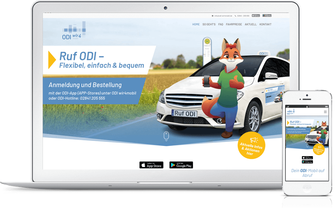 mediadesign linke portfolio - ODI wir4 mobil On-Demand-Lösung am Niederrhein für mehr Flexibilität und Mobilität im ÖPNV - Webdesign 