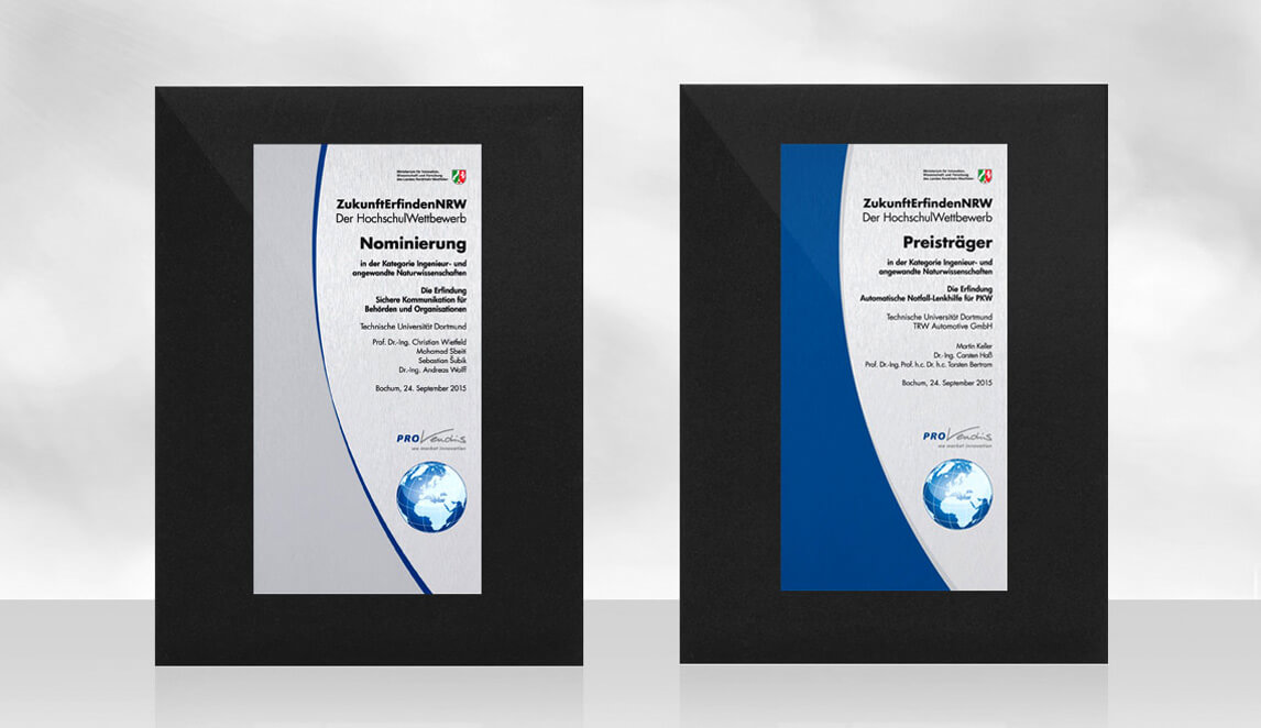 mediadesign linke portfolio - PROvendis GmbH Mülheim - Gestaltung von PROVendis Urkunden Aludibond bedruckt auf Pappe kaschiert für die Preisverleihung des Provendis HochschulWettbewerb 2015